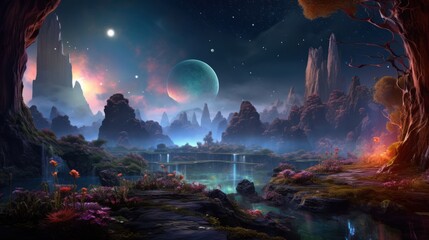 Obraz premium Futuristic lunar panorama: an alien terrain illuminated by a distant moon, showing rocks, water and unique vegetation in the haze.