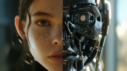 Close-up portrait of a futuristic cyborg female. robot human. 