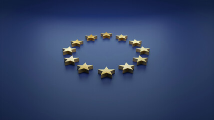 EU Stars in 3D on Dark Blue Background.  European Union Symbolic Flag. Political Background.