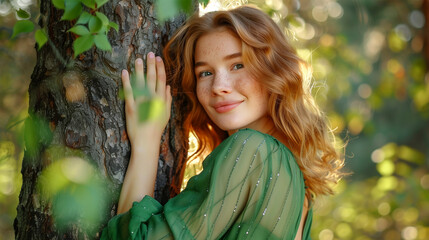 Freckled Ginger Young Woman in Green Blouse Smiling While Hugging Tree in Sunlit Forest. Promoting Eco Awareness, Joy and Natural Care and Connection Idea.