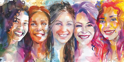 Joyful Gathering, Watercolor Painting of a Group of Happy Women
