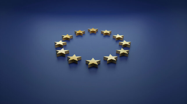 EU Stars in 3D on Dark Blue Background.  European Union Symbolic Flag. Political Background.