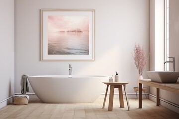 Minimalist Bathroom Elegance: Rose Gold Fixtures, Art Poster, Wooden Floor Cozy Ambiance