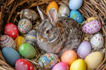 Fototapeta na wymiar Furry rabbit nestled in a wicker basket surrounded by a rainbow of decorated easter eggs