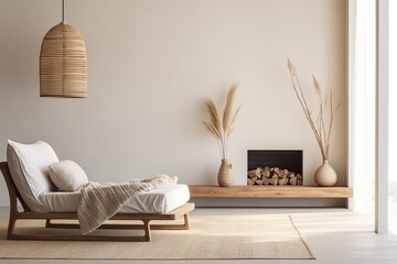 Serene Zen Bedroom with Wooden Accents and Rattan Chair