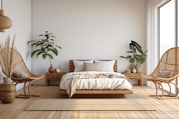 Zen Vibes: Minimalist Bedroom with Wooden Floor, Rattan Accents, and Indoor Bamboo