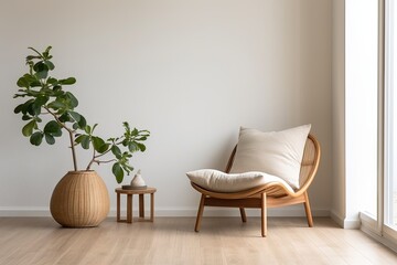 Serene Zen: Minimalist Bedroom with Wooden Floor, Rattan Chair