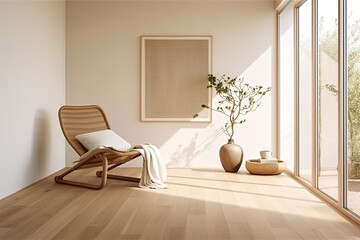 Fototapeta na wymiar Zen Minimalist Bedroom with Rattan Chair and Wooden Floor