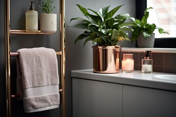 Rose Gold Scandinavian Bliss: Modern Apartment with Green Plants, Cozy Rug