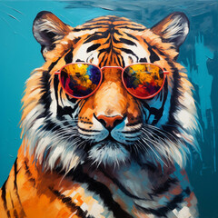Cool tiger wearing sunglasses, summer vibe. Tiger on vacation. 