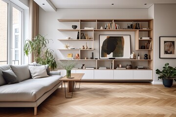 Nordic Living: Modern Apartment with Herringbone Wooden Floor and Wooden Shelving