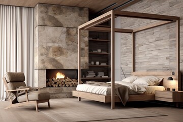 Canopy Bed Nordic Dreams: Modern Bedroom Inspiration with Fabric Lounge Chair and Rustic Shelving
