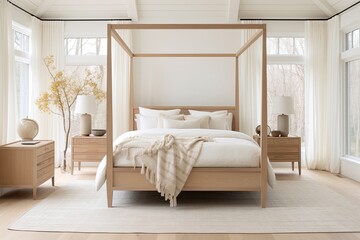 Canopy Nordic Retreat: Serene Modern Bedroom with Wooden Furniture and Rug