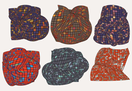 Set of Colored Geometric 3D computer modeled wire frame futuristic objects