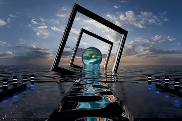 3d Render, Scifi Landscape Futuristic post apocalyptic scenario with abstract alien landscape. Glass object.