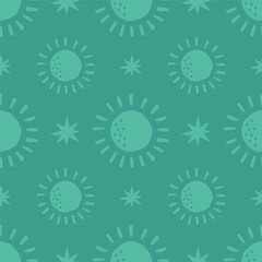 Green seamless pattern with sun and star