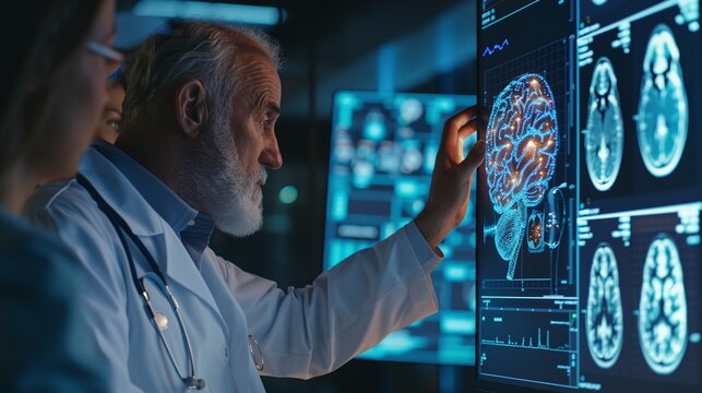 exploring the future of healthcare: doctor showing digital brain model using ai, innovative medical technology
