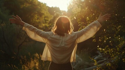 woman standing in sunlight outdoors with arms raised, embracing the beauty of nature and freedom