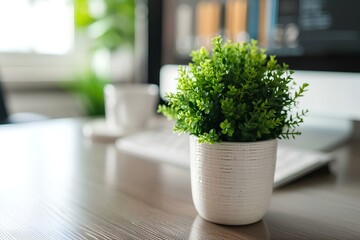 A minimalist business background showcasing a modern office desk adorned with a computer, keyboard, mouse, and a small potted green plant for a touch of nature.