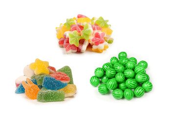 Assorted gummy candies isolated on a white background. Top view.