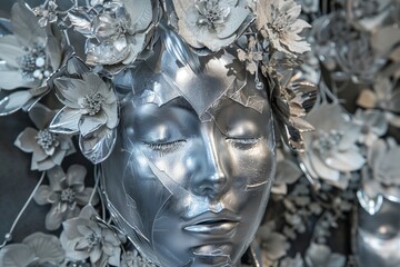 an elaborate silver mask with a flower background