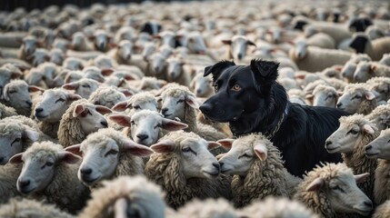 flock of sheep with dog leading it 