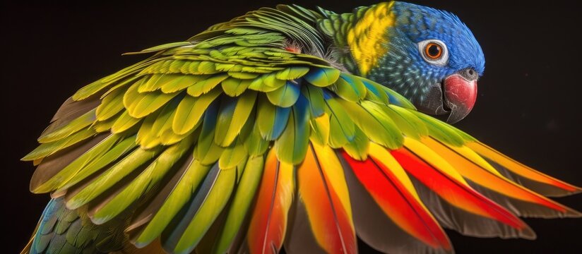 A vibrant blue-headed Pionus parrot is showcasing its colorful plumage with its majestic wings spread out. The bird is in a striking pose, displaying its beauty and grace.