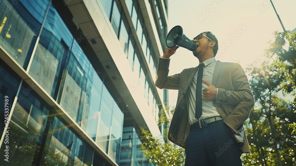 Wall mural businessman shouting outside office building, conveying loud announcement and marketing message