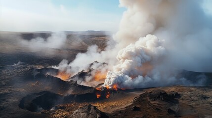 Fototapeta na wymiar Daytime volcanic eruption on Reykjanes peninsula. Lava shoots