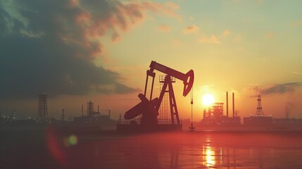 An oil pump and an oil rig are industrial machines used in petroleum design, with a sunset backdrop.