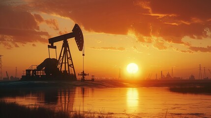 An oil pump and an oil rig are industrial machines used in petroleum design, with a sunset backdrop.