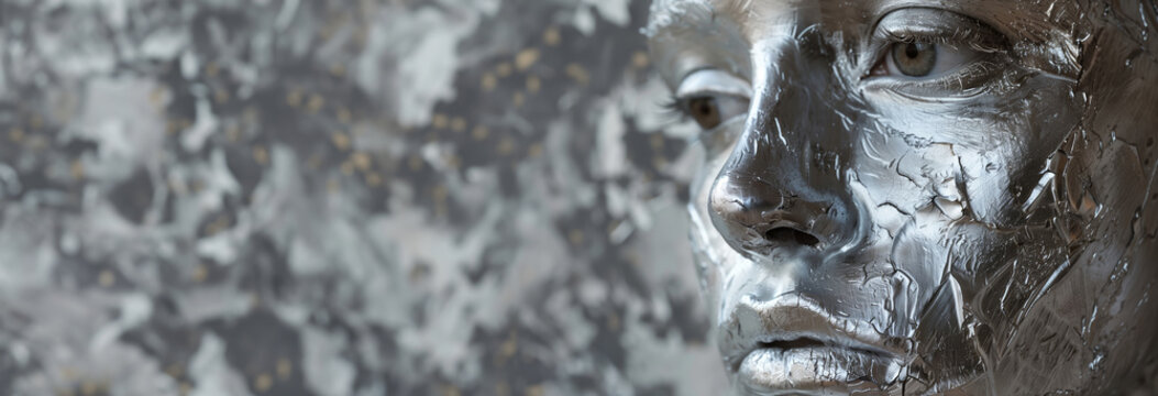 a woman with silver face paint over a grey background, with copy space
