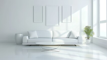 A minimalistic white-themed living space featuring a comfortable couch, a modern coffee table, and empty frames on the wall waiting to showcase your favorite images.