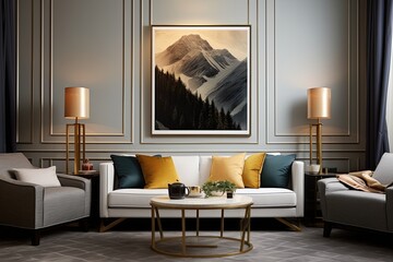 Chic Wall Art and Comfy Couch: Modern Living Room with Golden Frame Photos