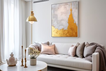 Golden Lamp Pendant Illuminating Modern Living Room with Chic Decor and Art on White Wall