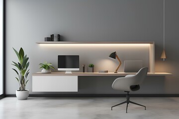 A modern home office with a floating desk, sleek chair, and ambient lighting, creating a minimalist and stylish workspace.