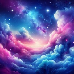 A captivating and fantastical illustration of a night sky filled with vibrant colors, including shades of purple, blue, and pink. The scene is adorned with stars, creating a dreamy