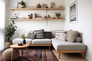 Oriental Rug Coziness: Modern Scandinavian Setting with Wooden Shelf and Cozy Cushions