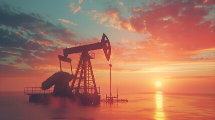 An oil pump and an oil rig are industrial machines used in petroleum design, with a sunset backdrop. - obrazy, fototapety, plakaty