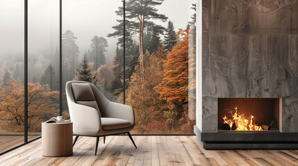 A lounge room with panoramic windows overlooking the mountains, a fireplace and a comfortable armchair.