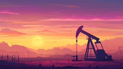 An oil pump and an oil rig are industrial machines used in petroleum design, with a sunset backdrop.
