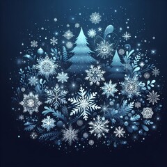 Fototapeta na wymiar An illustration of a winter background featuring falling snowflakes on a dark blue backdrop. The vector graphic captures the serene beauty of a snowy scene, creating a tranquil and atmospheric setting