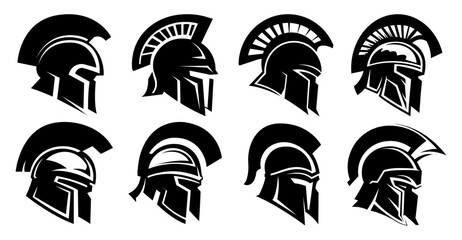 A collection of vector logos of spartans helmets.