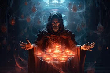 evil sorcerer casting a spell to release the black - obrazy, fototapety, plakaty
