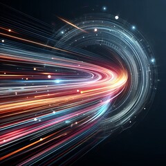 A futuristic and dynamic illustration featuring abstract high-speed light trails on a dark background. This vector graphic serves as a template for banners, presentations, flyers, and posters