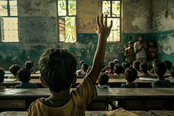 A student raising his hand to answer a question or asking a question in a school
 - obrazy, fototapety, plakaty