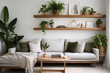Modern Nordic Sunken Lounge: White Walls, Wooden Shelf, Green Plants & Comfy Sofa
