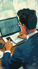 Illustration of a Businessman using laptop and calculator to do taxes calculation