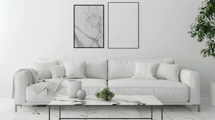A pristine white living room adorned with a luxurious sofa, a marble coffee table, and mockup pictures exuding sophistication and class.