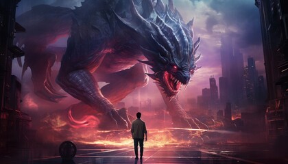 A man standing and looking at a giant dragon destroy a futuristic city, - obrazy, fototapety, plakaty